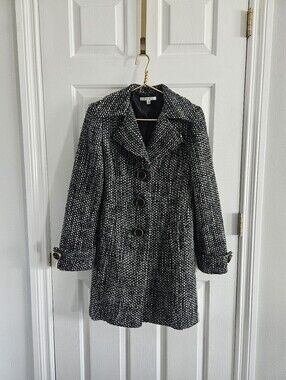 NWOT Cabi Salt And Pepper Textured Tweed Wool Blend Mid-Length Pea Coat